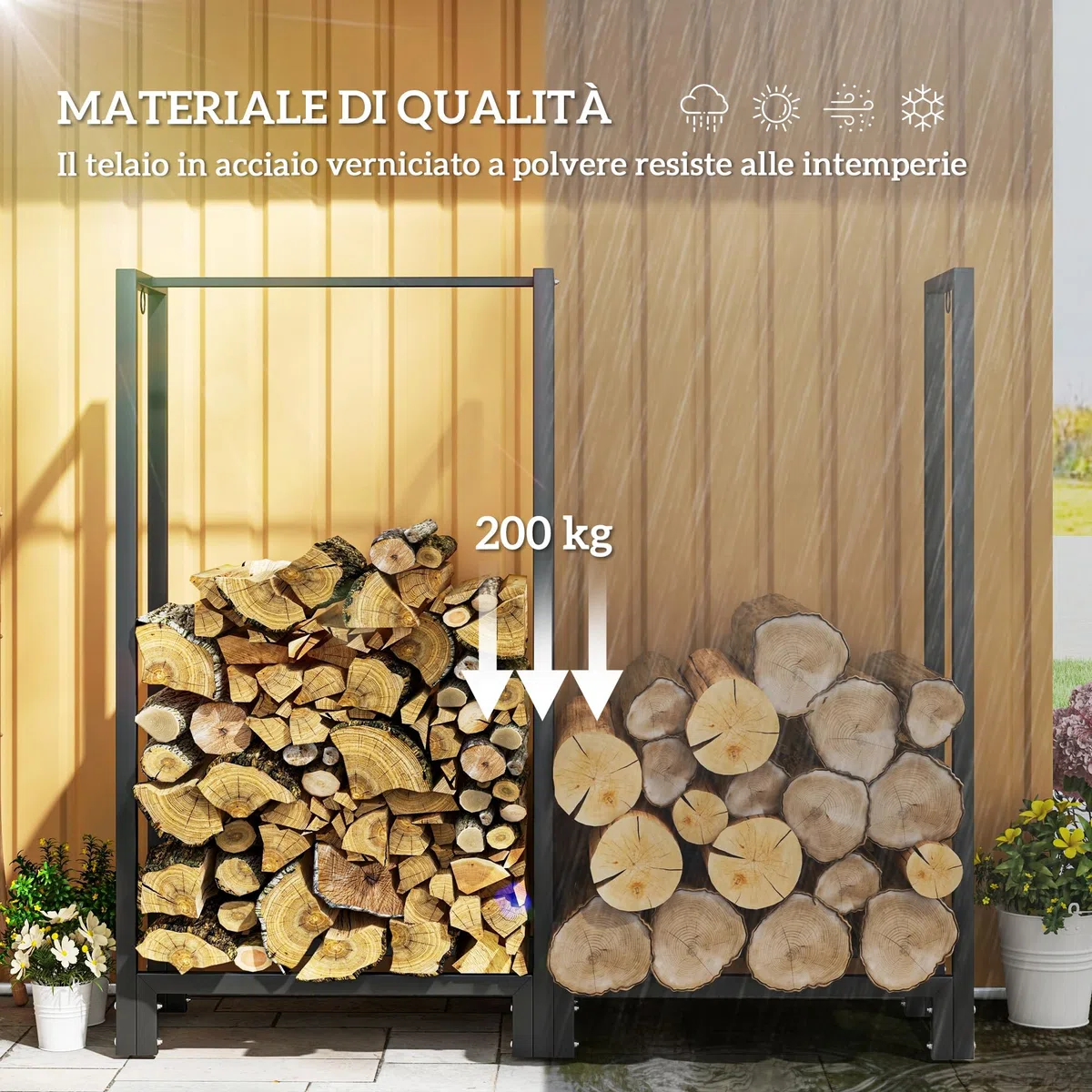 Outsunny Portalegna da Esterno a 2 Sezioni, Portalegna per Camino con 6 Gambe e 3 Anelli, 123x32x115 cm, Nero