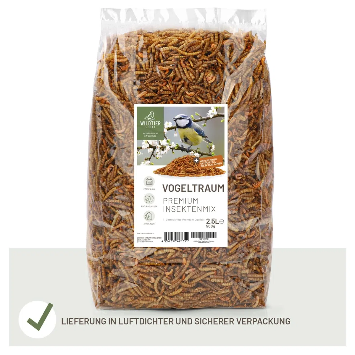 wildtier liebe Vogeltraum - Set di insetti di alta qualità, 2,5 litri, secchi, larve di insetti e gamarus per uccelli, vermi di farina, mangime per uccelli