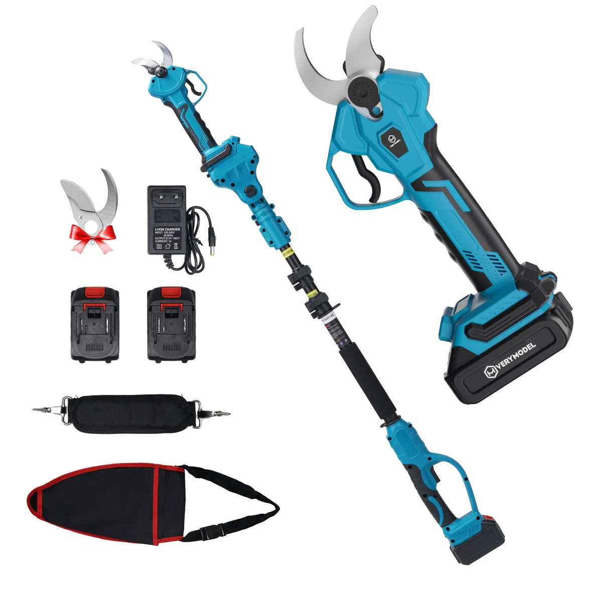 Forbici Potatura Batteria con Asta Telescopica, 10-40mm Kit Forbici Potatura Con 21V 2x4000mAh, Motore Brushless, Display Digitale, Cesoie Elettriche per Giardinaggio, Alberi