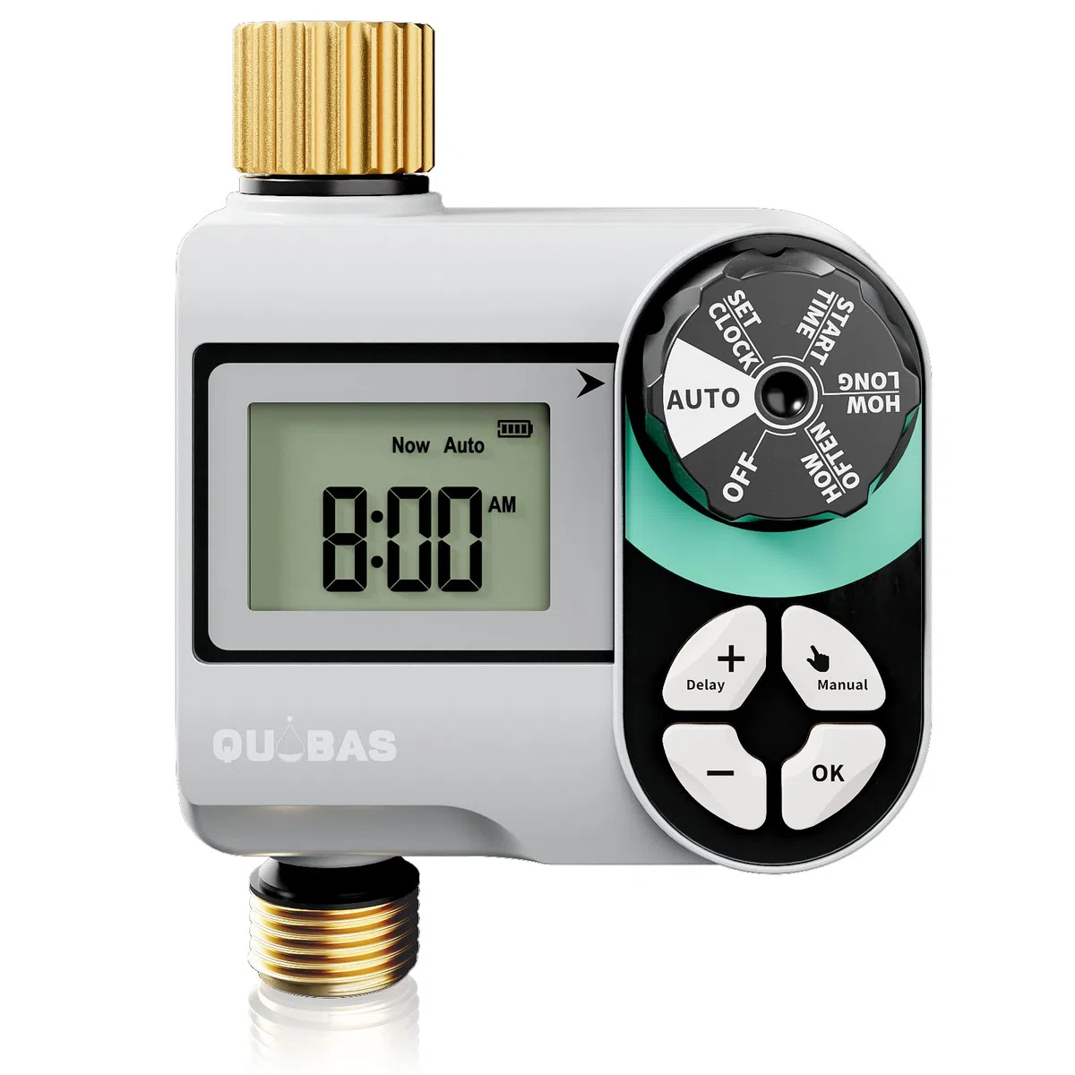 QUOBAS Irrigatore Timer per tubo da giardino, programmabile digitale in ottone con ritardo pioggia / automatico / manuale 3 modalità, piscina, prato, sistema di irrigazione a goccia, alimentato a