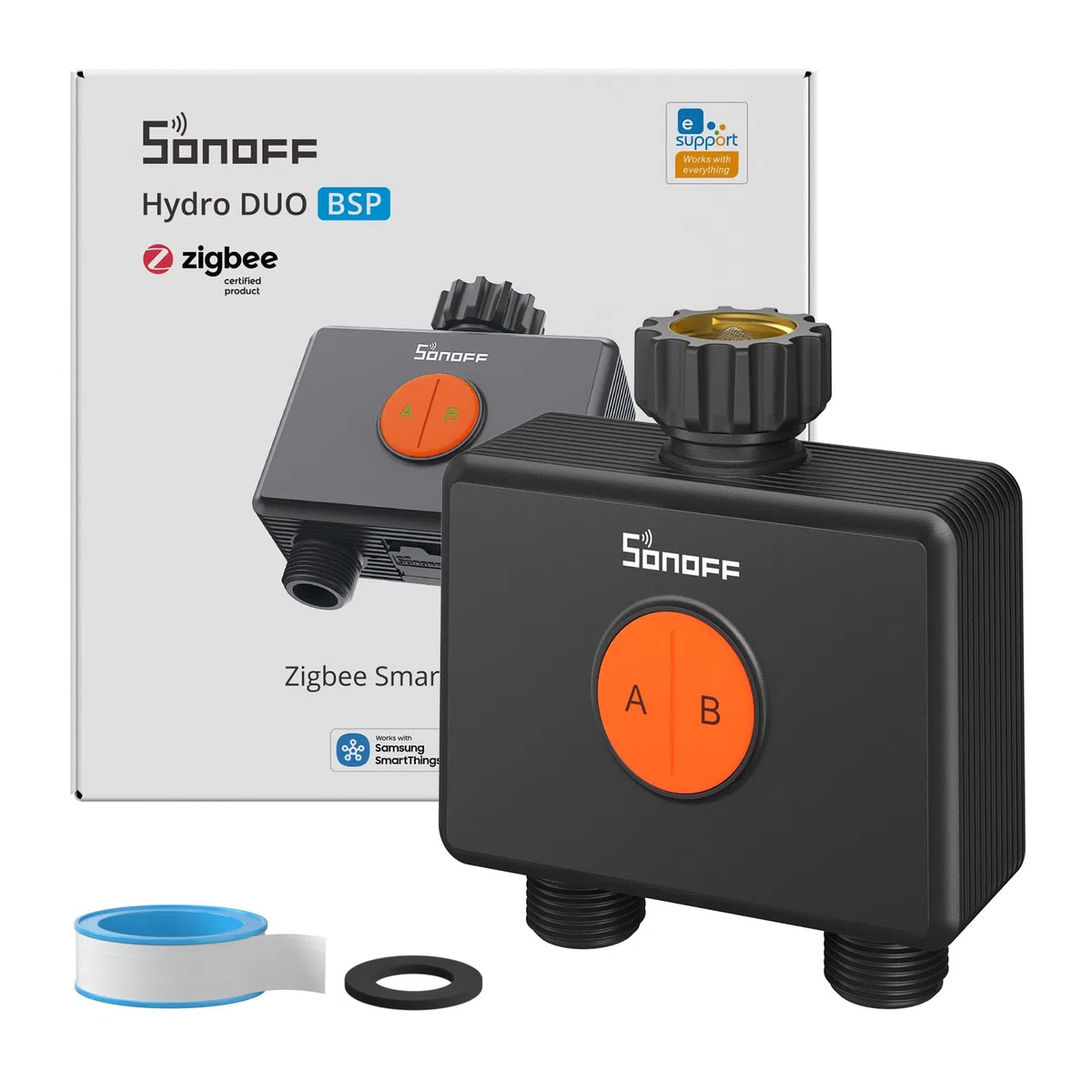 SONOFF SWV-ZF2E Hydro DUO Timer irrigazione Zigbee a 2 zone, ingresso in ottone, IP65, alimentazione Type-C e 4 AA, adattamento meteo con misuratore di flusso, hub Zigbee richiesto, Home Assistant