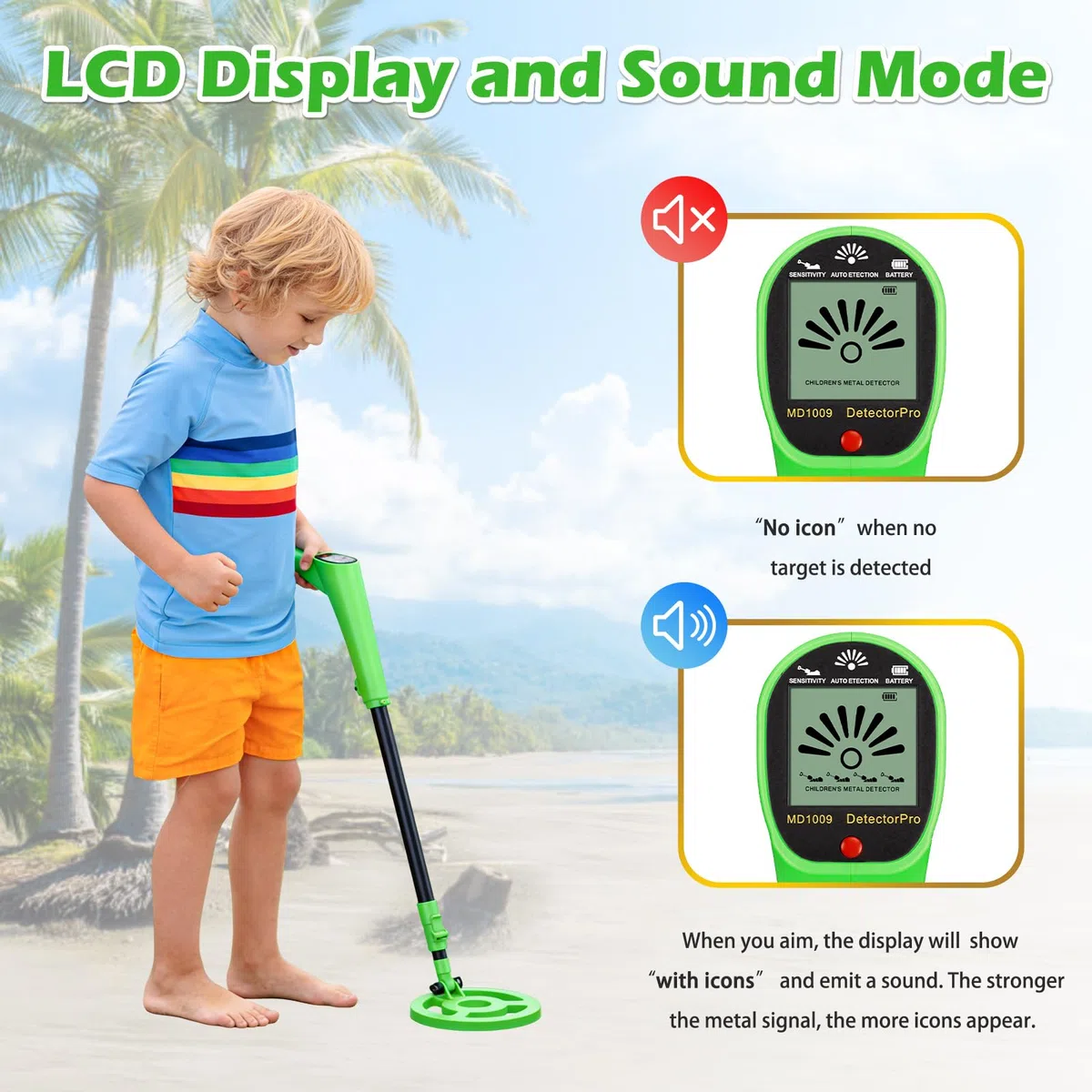 Metal Detector per bambini, rilevatore di metalli ad alta precisione con display LCD, rivelatore metallico leggero per bambini con manico regolabile, bobina di ricerca impermeabile da 6 pollici, verde