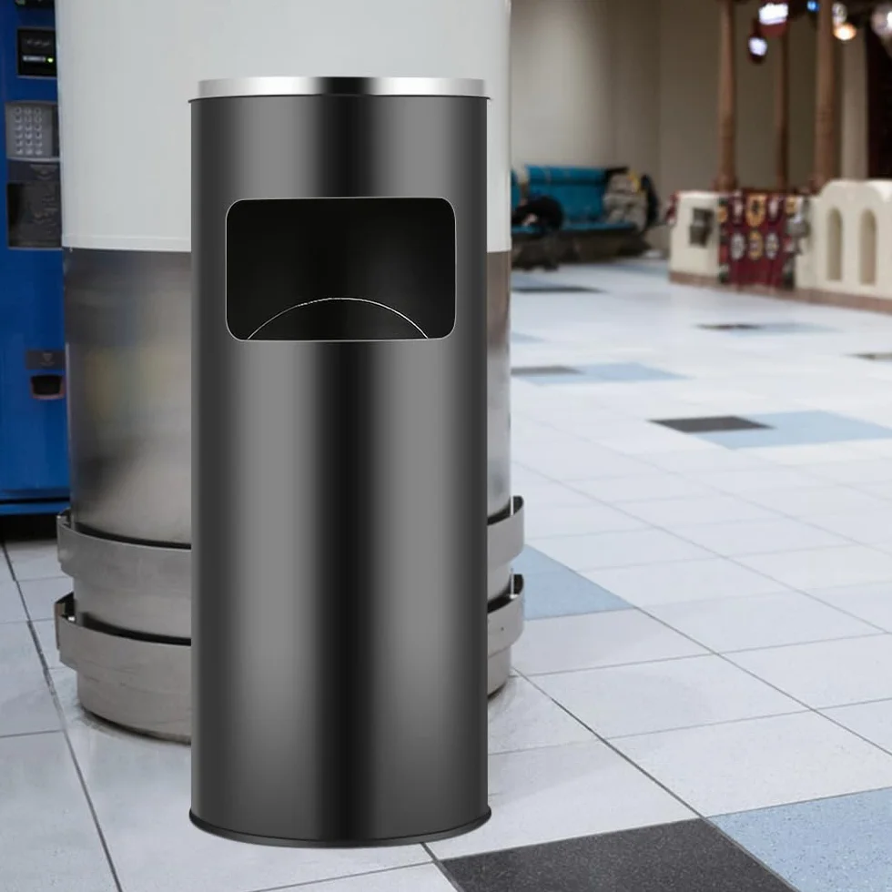 OHMG Contenitore per rifiuti da giardino, 30 L, posacenere rimovibile in acciaio inox, cestino rotondo con bidone e secchio interno, per interni ed esterni, commerciale (25 x 25 x 60 cm (nero))