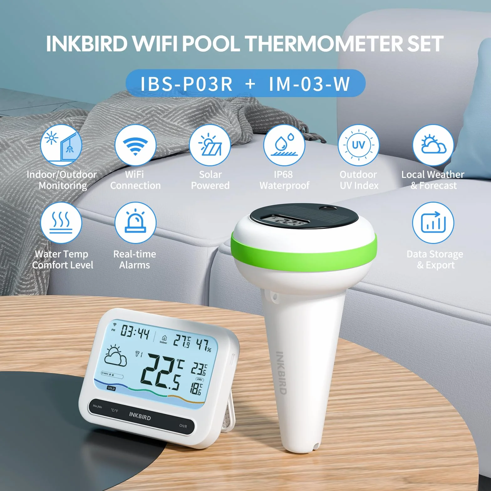 Inkbird Solar Termometro Piscina WiFi, IBS-P03R Termometro Piscina Galleggiante con Gateway IM-03-W, Impermeabile IP68, Esportazione Dati, Controllo App, Monitor Temperatura per Piscine, Spa, Stagni