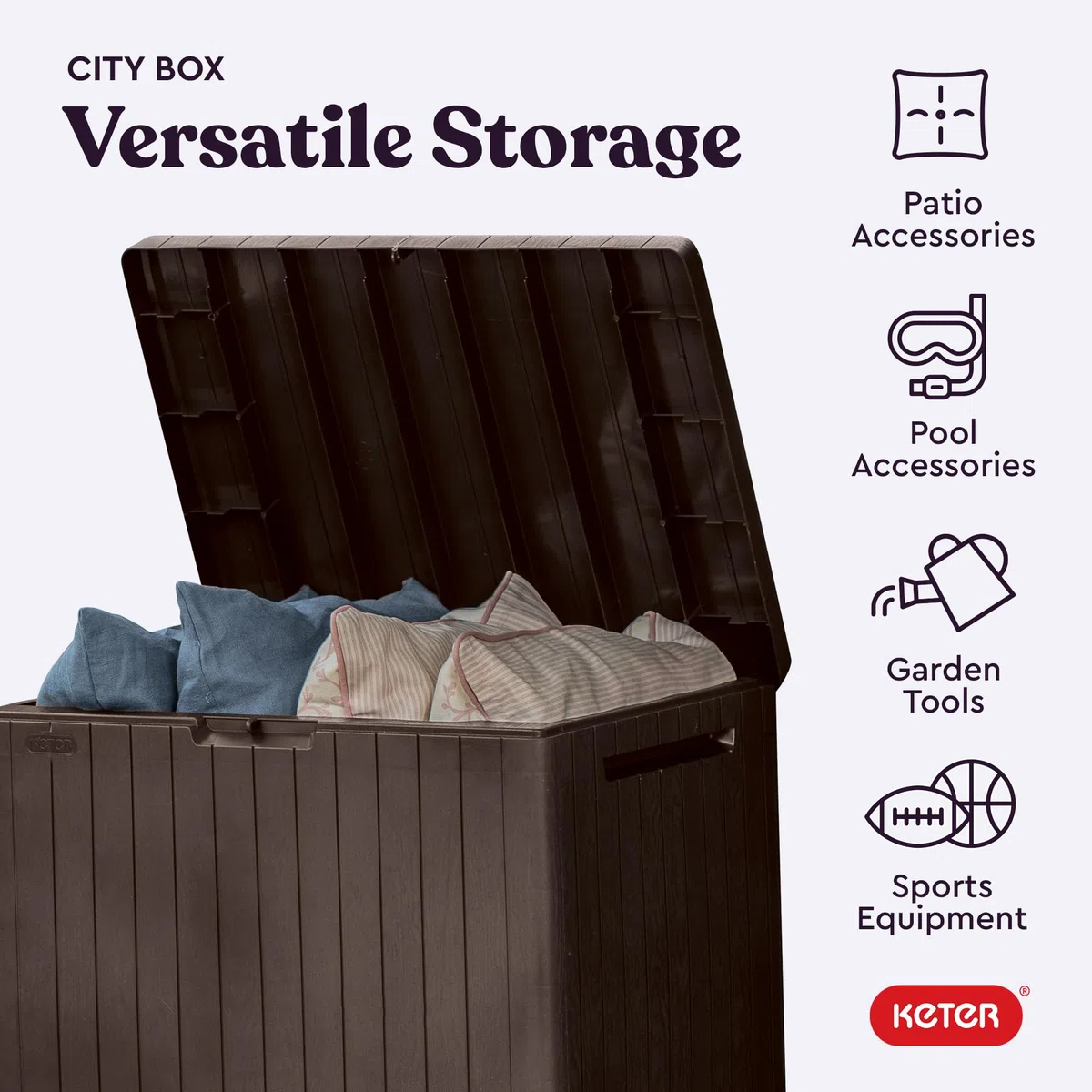 Keter City - Contenitore in resina da 30 galloni, per mobili da patio, accessori per piscina e stoccaggio per giocattoli da esterno, marrone