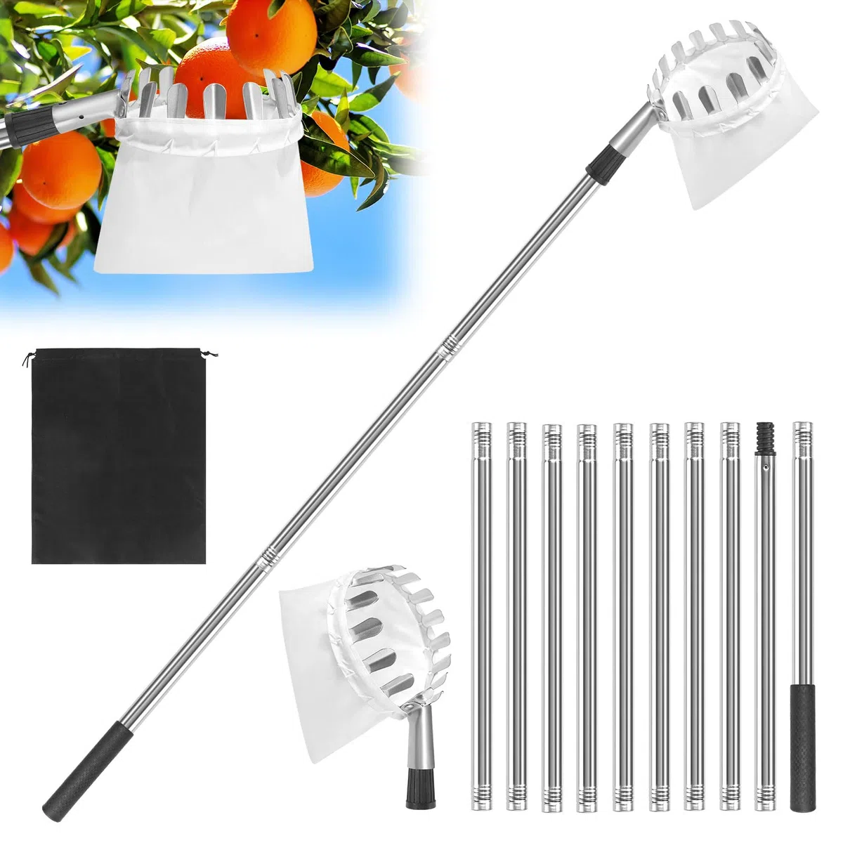 GOSHIES Raccogli frutta, 4 m, con manico telescopico, raccogli mele, con sacchetto di cotone, per ciliegie, facile da montare per alberi da frutto