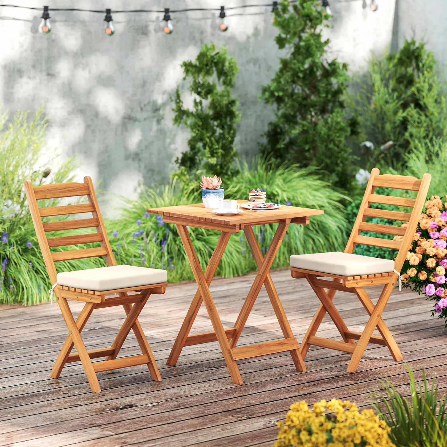 GIANTEX Mobili da balcone piccolo balcone, tavolo da bistrot con 2 sedie, set di mobili da giardino in legno pieghevole, set da balcone per esterni, per 2 persone, set da giardino con cuscino