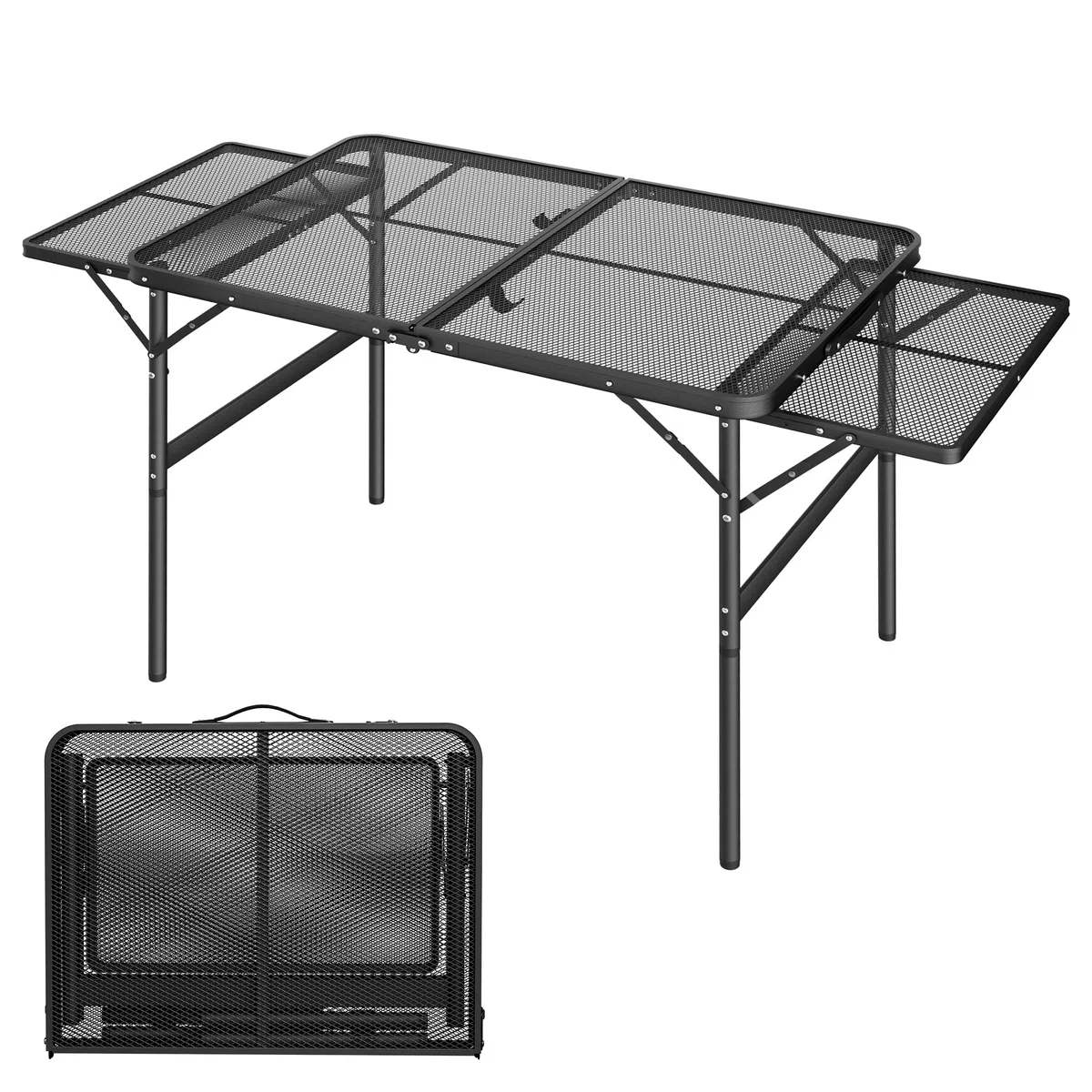 Tavolo da campeggio pieghevole, 90 x 60 cm, con ripiano pieghevole, in metallo, con griglia in metallo, portata fino a 30 kg, altezza regolabile