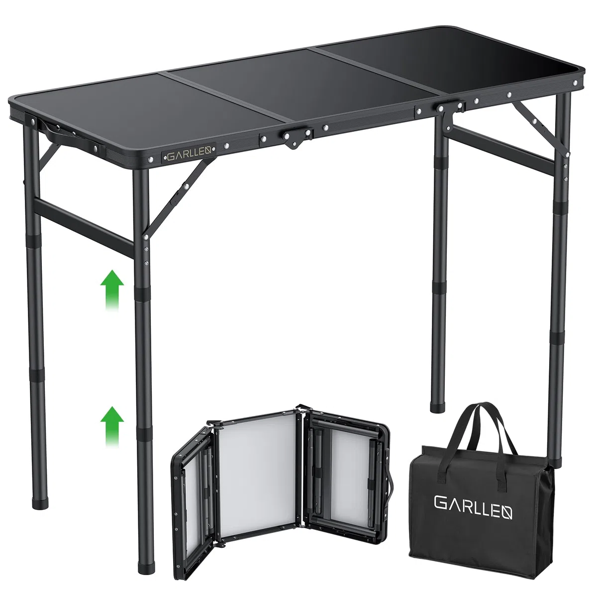 GARLLEN Tavolo Pieghevole Salvaspazio,87x40 cm,3 Altezze Regolabili (26/48/70 cm),Tavolo da Pesca in Alluminio,per Campeeggio Picnic e Spiaggia,3 Pieghe,Nero