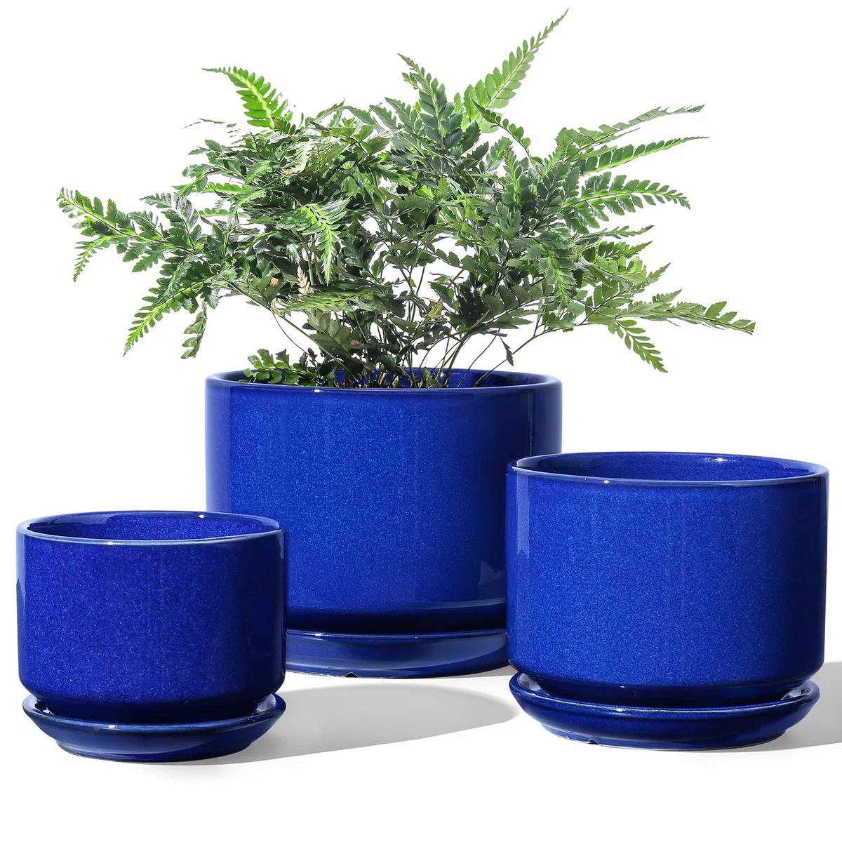 LE TAUCI Set da 3 Vaso in Ceramica per Piante, 11+13+17 cm di Diametro Vaso per Piante da Interno, Vasi Piccoli con Sottovaso e Foro di Drenaggio, Regali per la Mamma, Blu Zaffiro