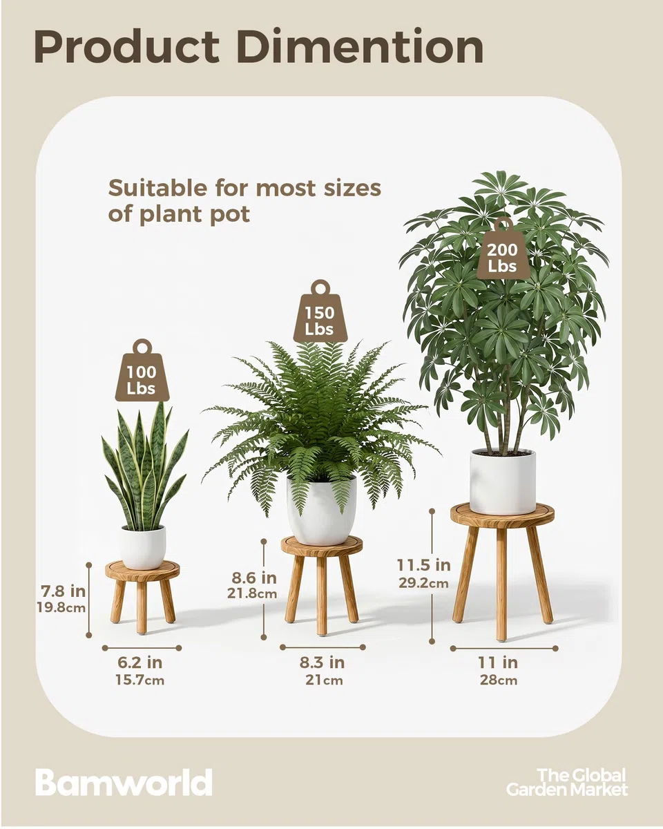 Bamworld Supporto per Piante da Interno, Confezione da 3 Supporti per Piante Singole, per Più Piante, ad Angolo, in Legno, per Patio, Giardino, Balcone, Soggiorno, Camera da Letto (Natura)