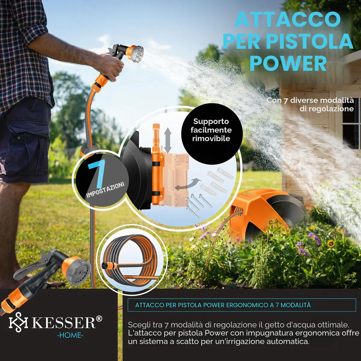 KESSER® Avvolgitubo con Tubo da Giardino 15 m, a Parete, Avvolgitubo girevole a 180° e a rientro automatico, Portagomma a Parete con Doccia a mano a 7 funzioni, Nero/Arancione