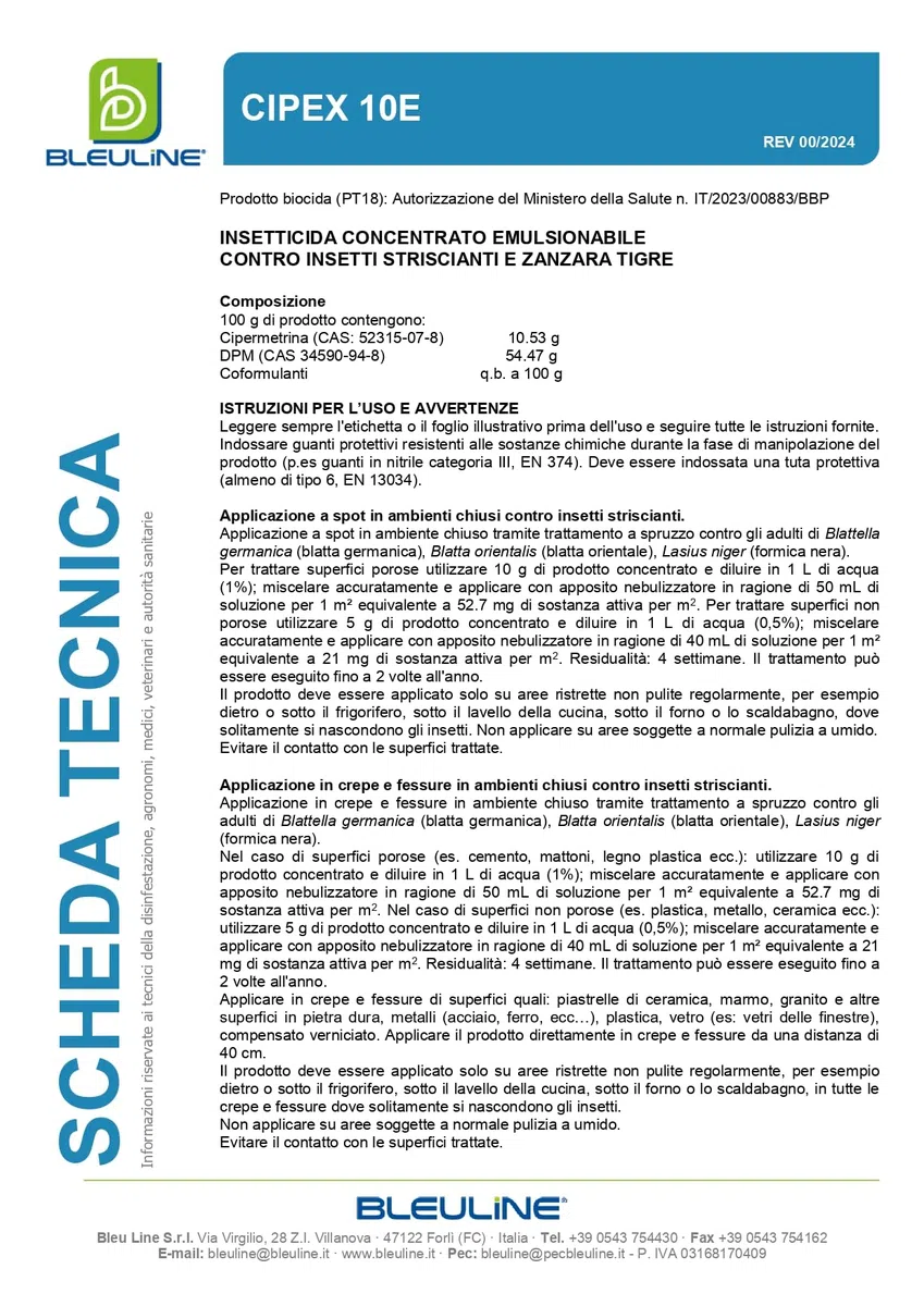 CIPEX 10E Insetticida Adulticida Liquido a Base di Cipermetrina 1 LT – Contro Insetti Volanti e Striscianti, Zanzare e Zanzara Tigre