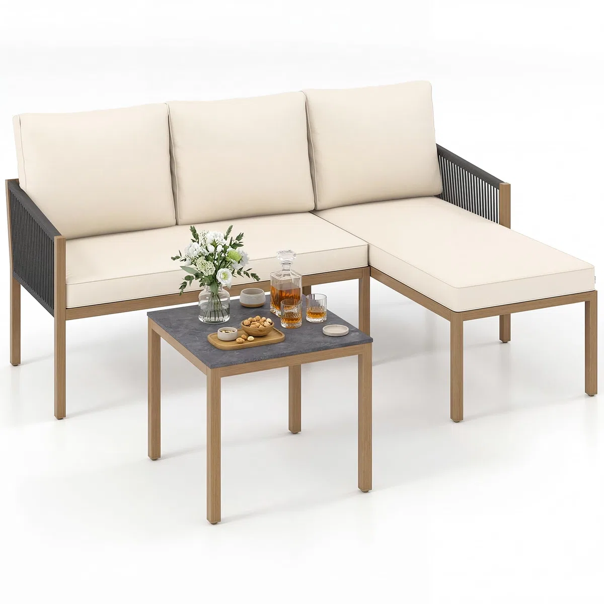 COSTWAY Set di Mobili da Giardino 3 Pezzi, Salotto da Esterno con 2 Divani Componibili a forma di L e Tavolino da Caffè, Set da Conversazione da Esterno con Cuscini Sfoderabili, per Patio e Terrazzo