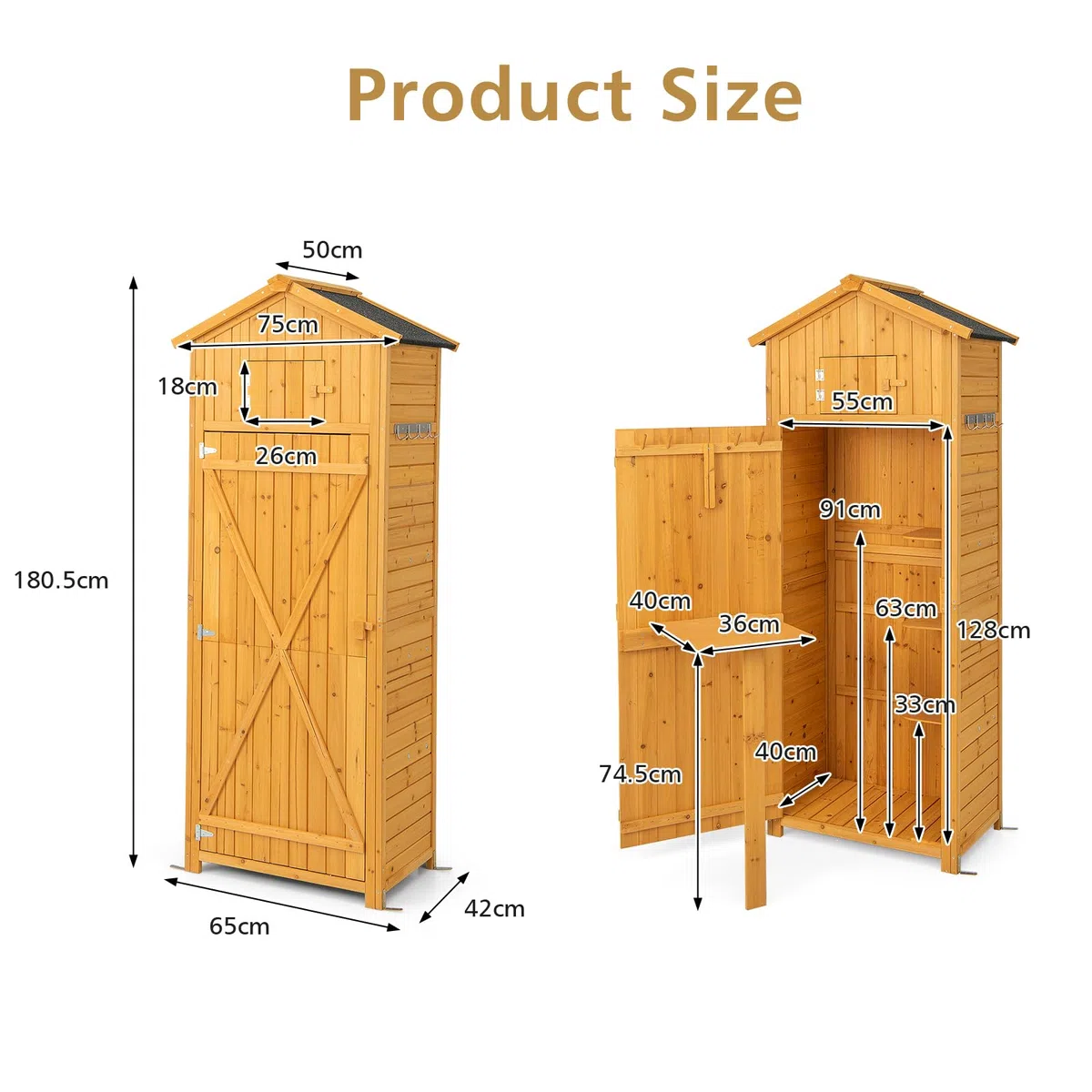 KOMFOTTEU Casetta da Giardino in legno, Capanno per Attrezzi Multifunzione, Armadietto da Giardino con Tetto a 2 Falde, Scaffale, Tavolo Pieghevole, 65 x 42 x 180,5 cm, Colore Naturale