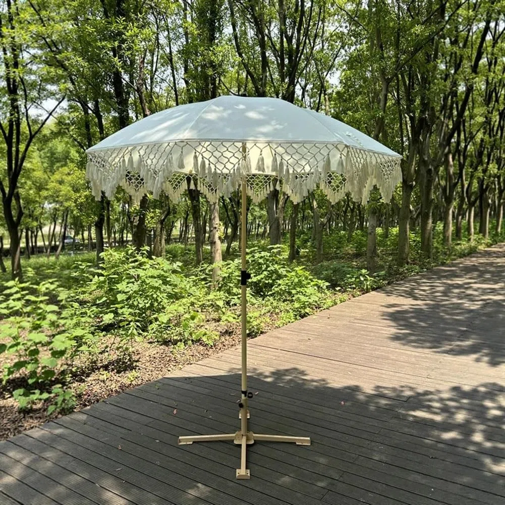 Ombrellone Boho con Frange per Patio Esterno, ombrellone da Spiaggia da 200 cm con inclinazione a Pulsante e palo in Acciaio Resistente, UPF50+, Bianco Antico