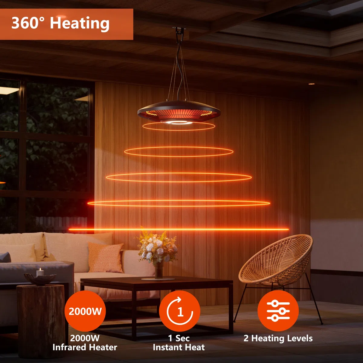 Stufa elettrica da esterni da appendere, 2000 W, a infrarossi, da parete, montaggio a soffitto, impermeabile IP65, per ristorante, giardino, garage e gazebo