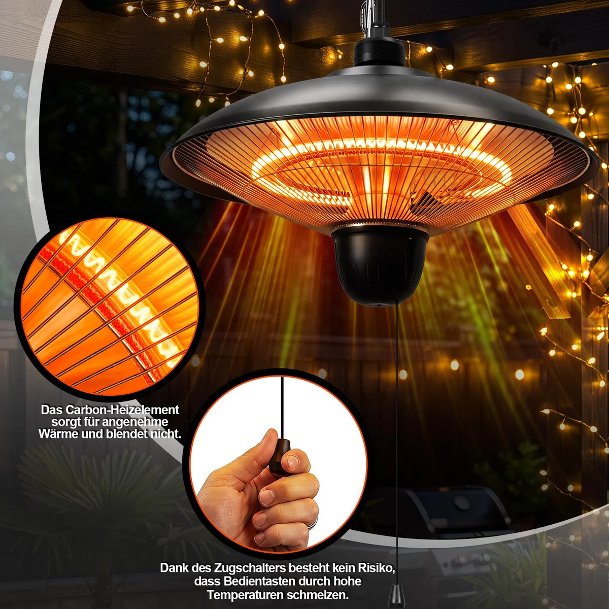 Stufa da esterni da 1800 W, sospesa, nero, 1 pezzo | Stufa elettrica sospesa con 3 livelli di calore, ideale per terrazze, balconi e ambienti esterni coperti