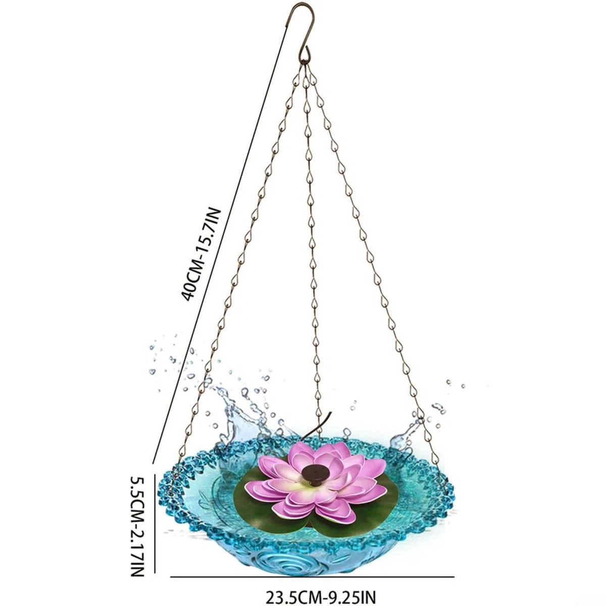 Abbeveratoio per uccelli da appendere all'esterno, alimentato a energia solare, fontana di loto per esterni, giardino, cortile, decorazione ad acqua, 23,5 x 45 cm (blu)