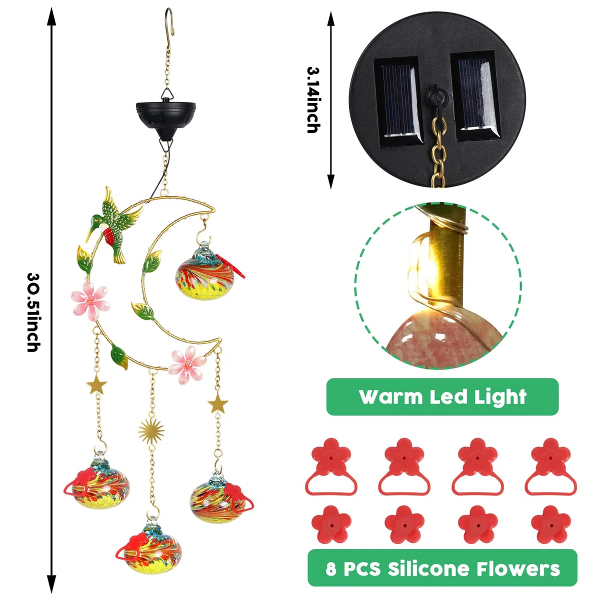 Headak Life Alimentatori solari per colibrì per esterni, da appendere, a prova di formiche e api, luce solare lunare, decorazione da giardino con 4 stazioni di alimentazione, regalo per uomo e donna,