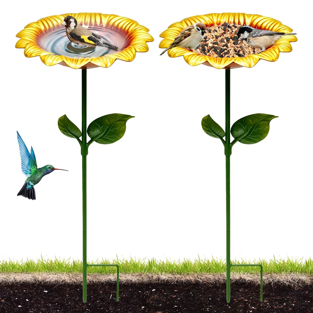 BORDEAG 2 abbeveratoio per uccelli da giardino, in piedi, in ferro, per uccelli, per esterni, design a girasole, per cortile, 20 x 20 x 64 cm