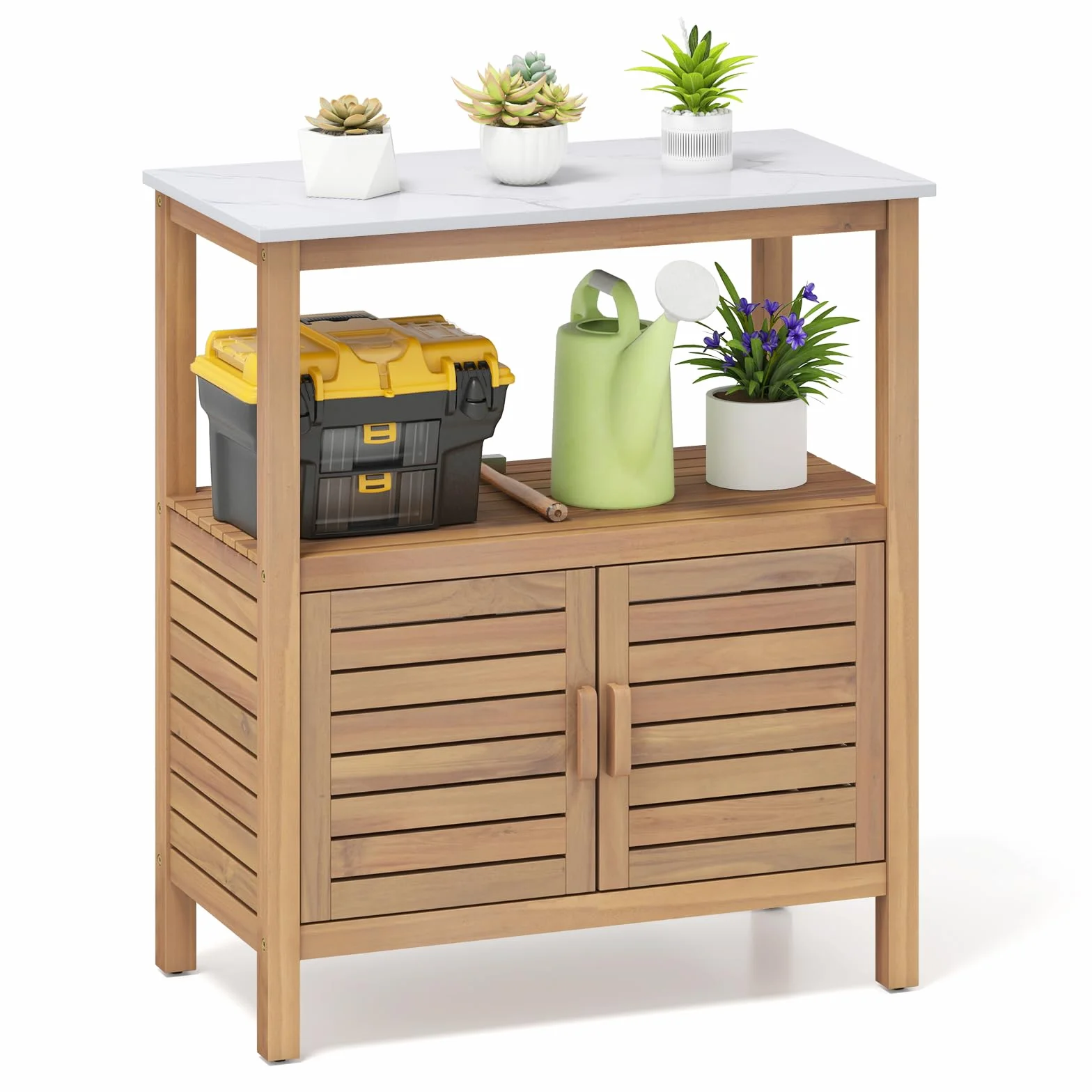 GIANTEX Armadio da giardino in legno di acacia, con 2 ripiani, per balcone, terrazza, cortile, 80 x 40 x 90,5 cm