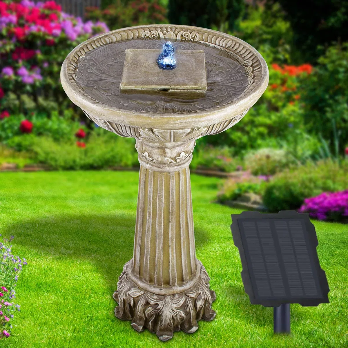 Fontana da giardino a energia solare, fontana ornamentale, fontana con luce LED e batteria agli ioni di litio