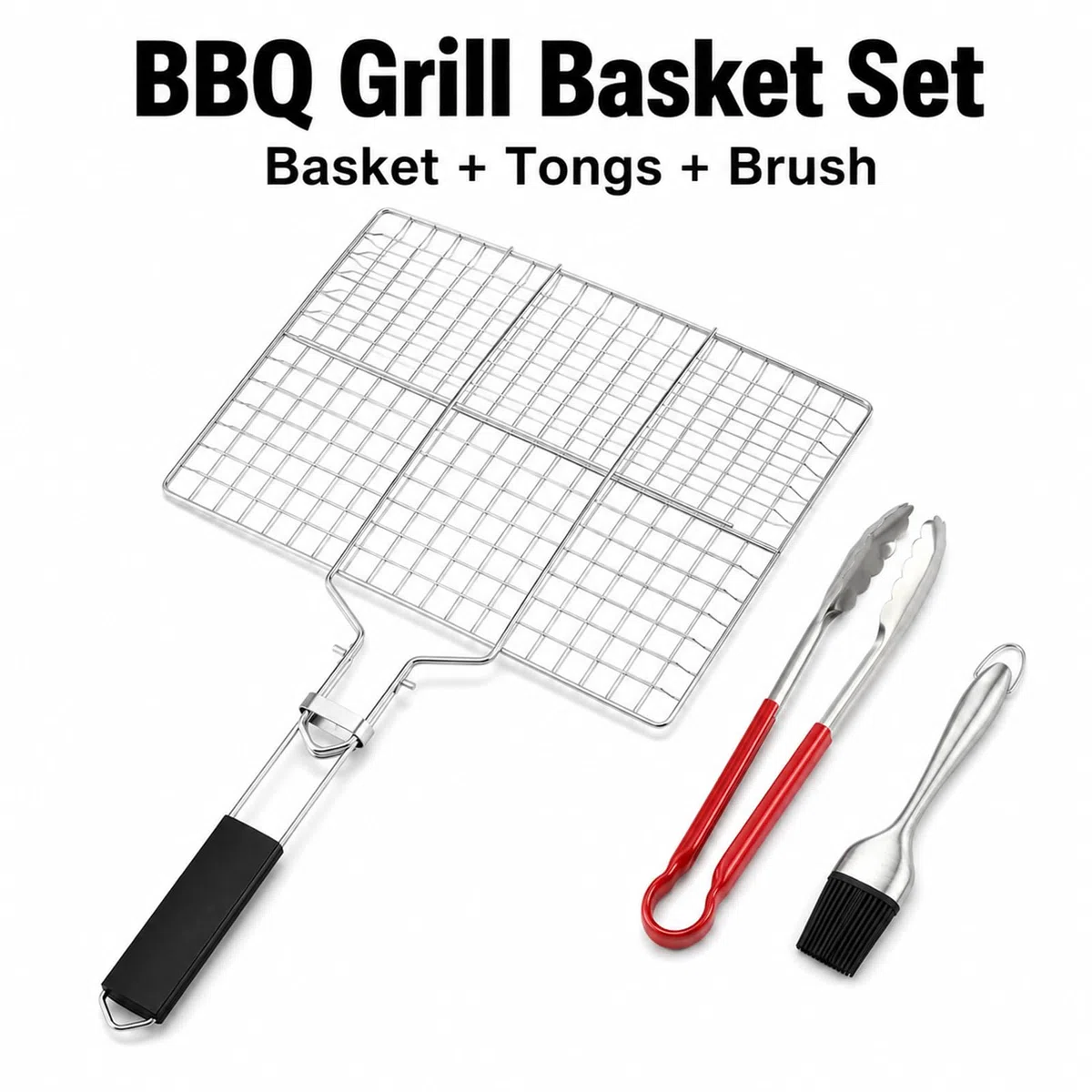 1 cestino per barbecue portatile in acciaio inox con pinza per alimenti e spazzola corta, accessori inossidabili, cestelli per grigliare, pinza pieghevole in rete con manico rimovibile per verdure
