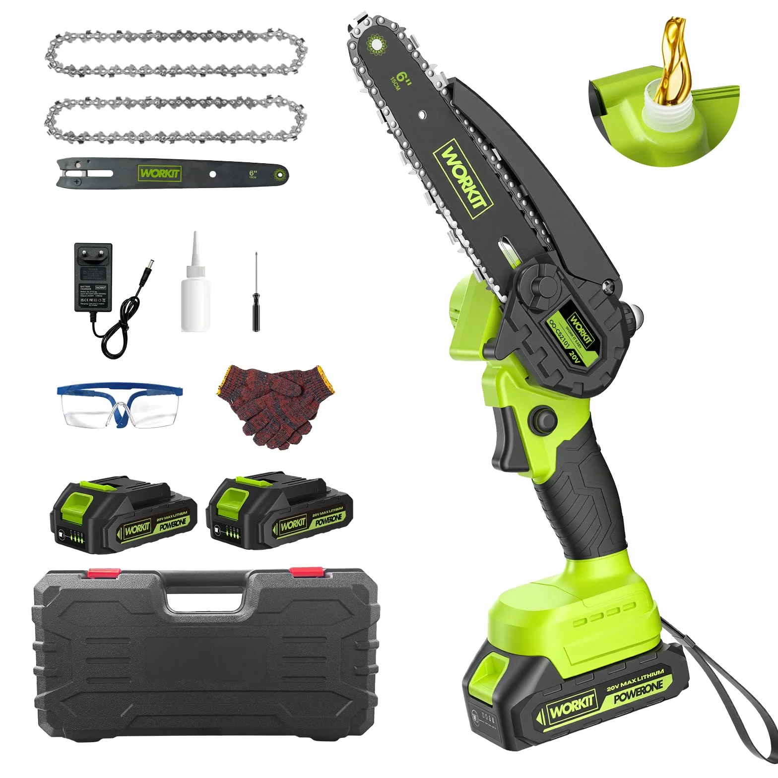 WORKIT Mini motosega da 20 V con batteria, batteria brushless e motosega a batteria, batteria da 15 cm e sega a catena singola, con 2 batterie da 2,0 Ah e olio automatico, motosega a mano per taglio