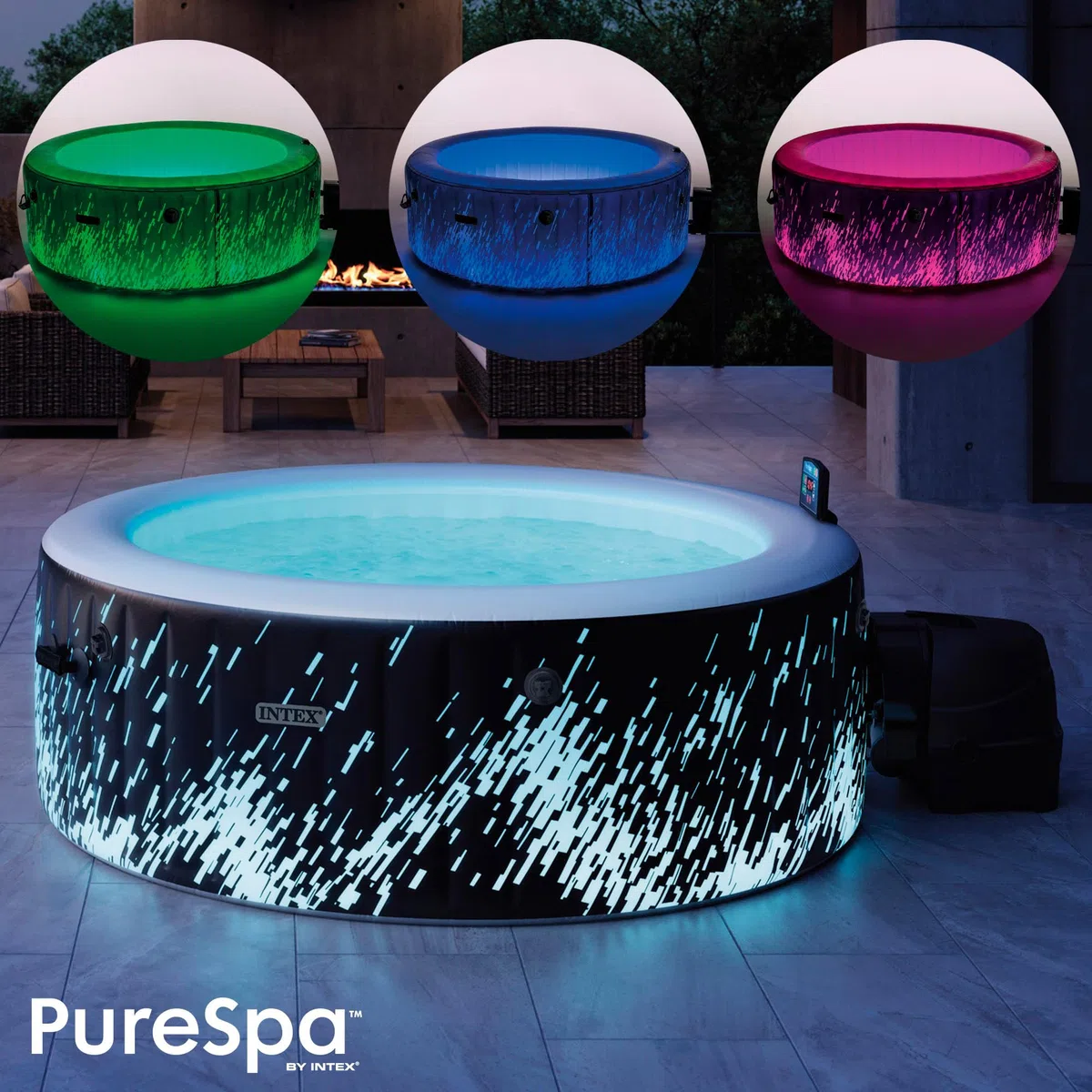 Intex 28494NP - Idromassaggio Gonfiabile Rotondo PureSpa Bubble Glow Deluxe, 4 Posti, 140 Getti, PVC, LED Multicolore, 196x71 cm