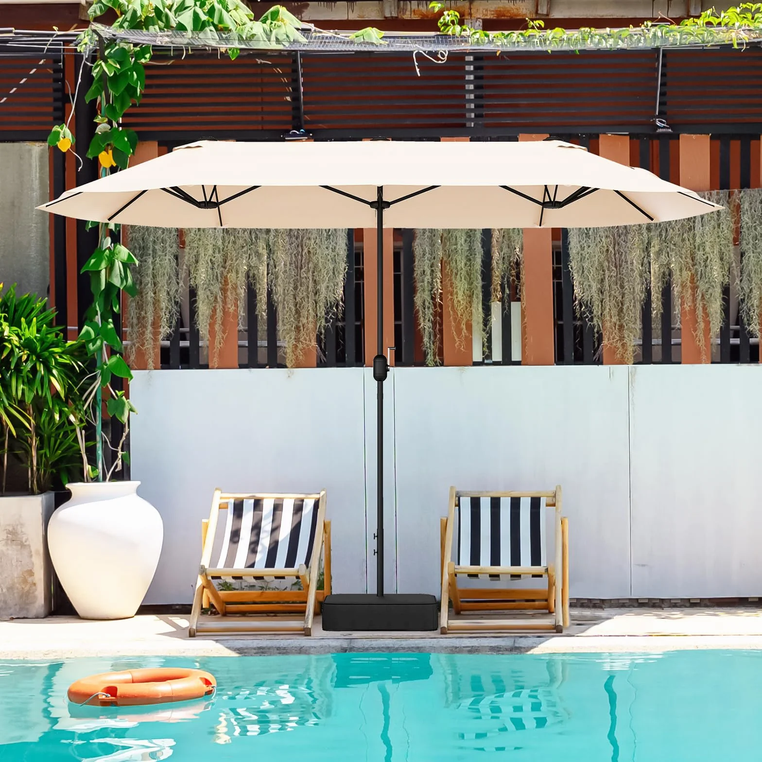KOMFOTTEU Ombrellone da Giardino Doppio 396x201cm, Ombrellone Rettangolare con Manovella e Base, Ombrellone da Balcone Grande Impermeabile, Ombrellone da Patio per Piscina, Terrazzo, Cortile