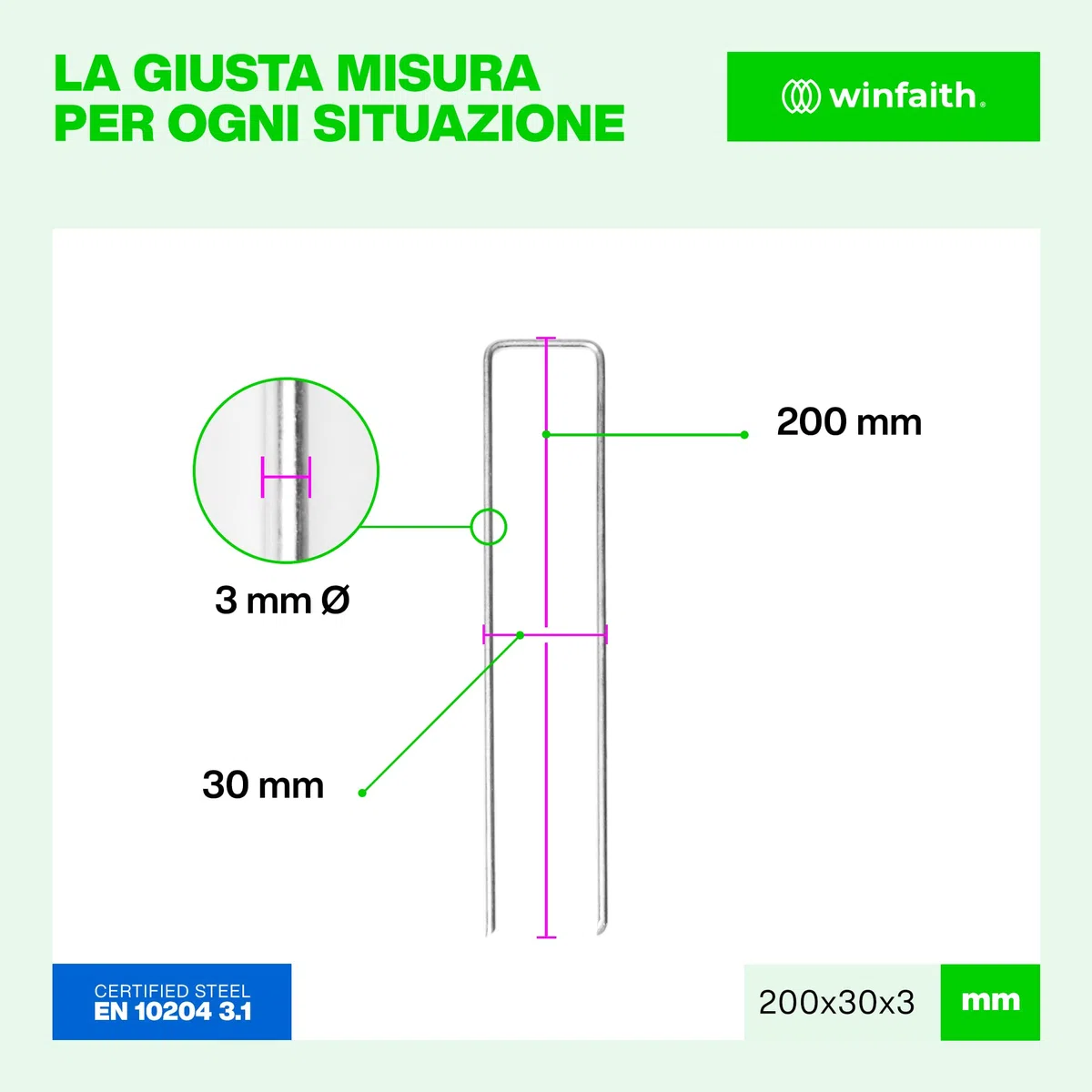 Winfaith Picchetti Telo Pacciamatura in Acciaio H200 x L30 x D3 mm Pezzi 100 Terreno Morbido o Sabbioso - Made in Italy EN 10204 3.1 Zincato a Caldo - Antiruggine Giardino Erba Sintetica Ancoraggio