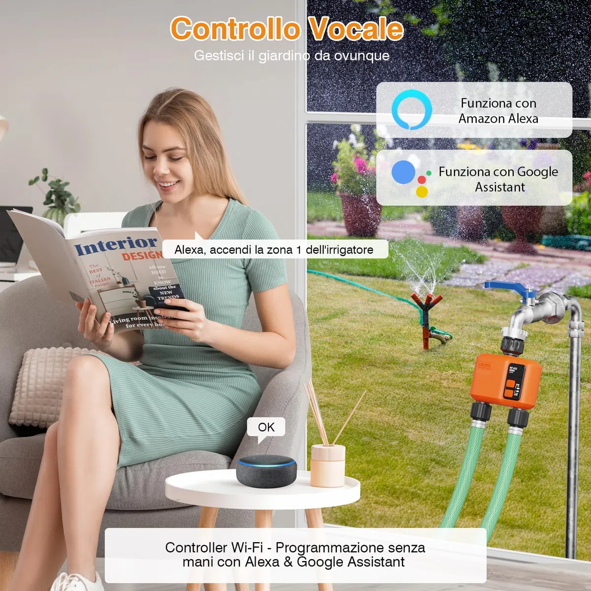 Centralina Irrigazione WiFi 2 uscite con Tecnologia RF 300M, Timer Irrigazione Smart Compatibile con APP e Vocale Alexa, Computer Irrigazione, Temporizzatore Irrigazione Ritardo Della Pioggia