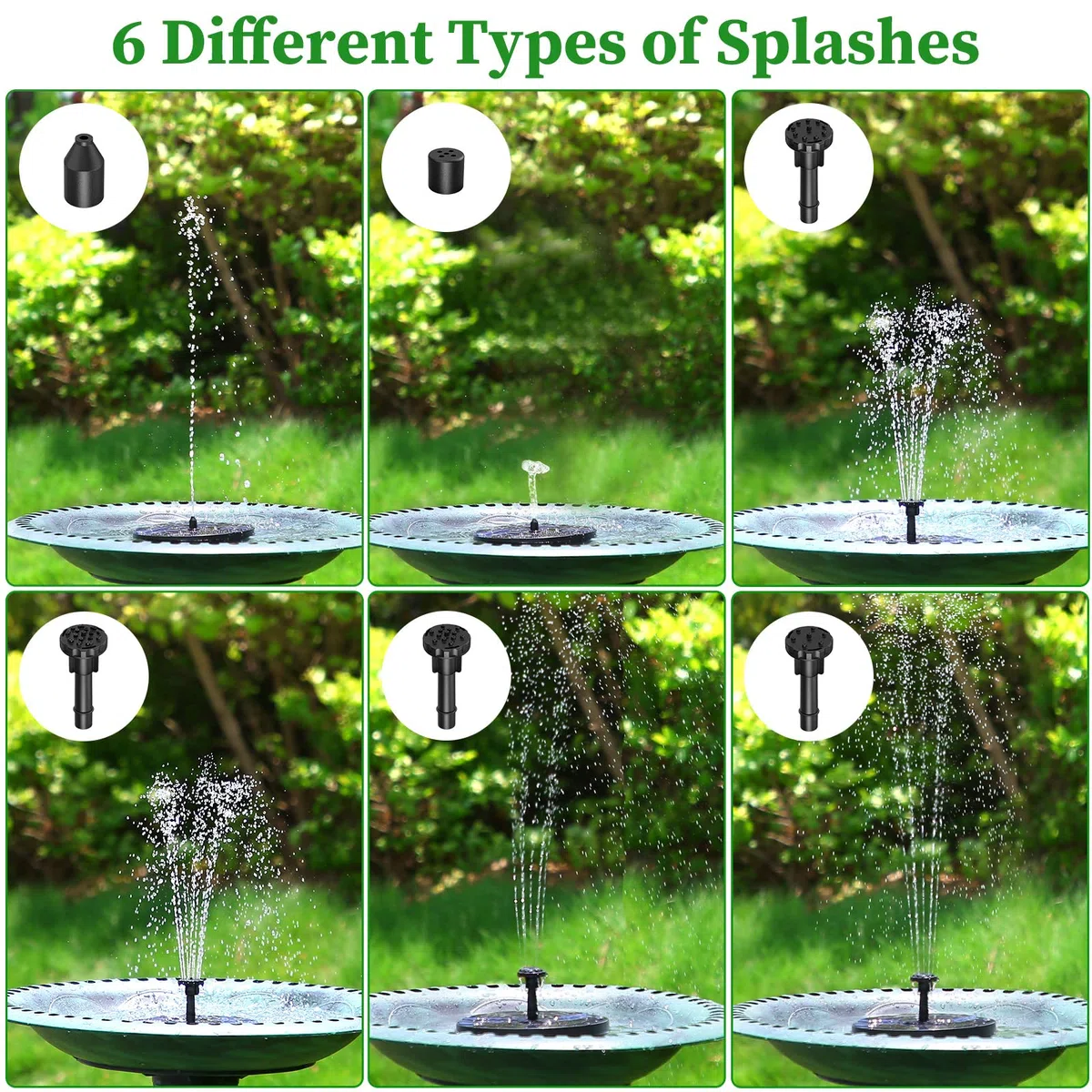 AMZtime 2.5W Fontana Pompa Solare da Giardino, con 6 Ugelli, Acqua Galleggiante per Bagno per Uccelli, Laghetto, Decorazione e Piscina