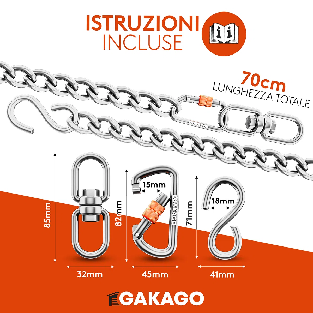 Gakago Catena di prolunga Come Catena per Sedia sospesa, prolunga per Altalena, Supporto per Sacco da Boxe - Catena in Acciaio con Gancio a S, girella e moschettone - Anche per Esterni