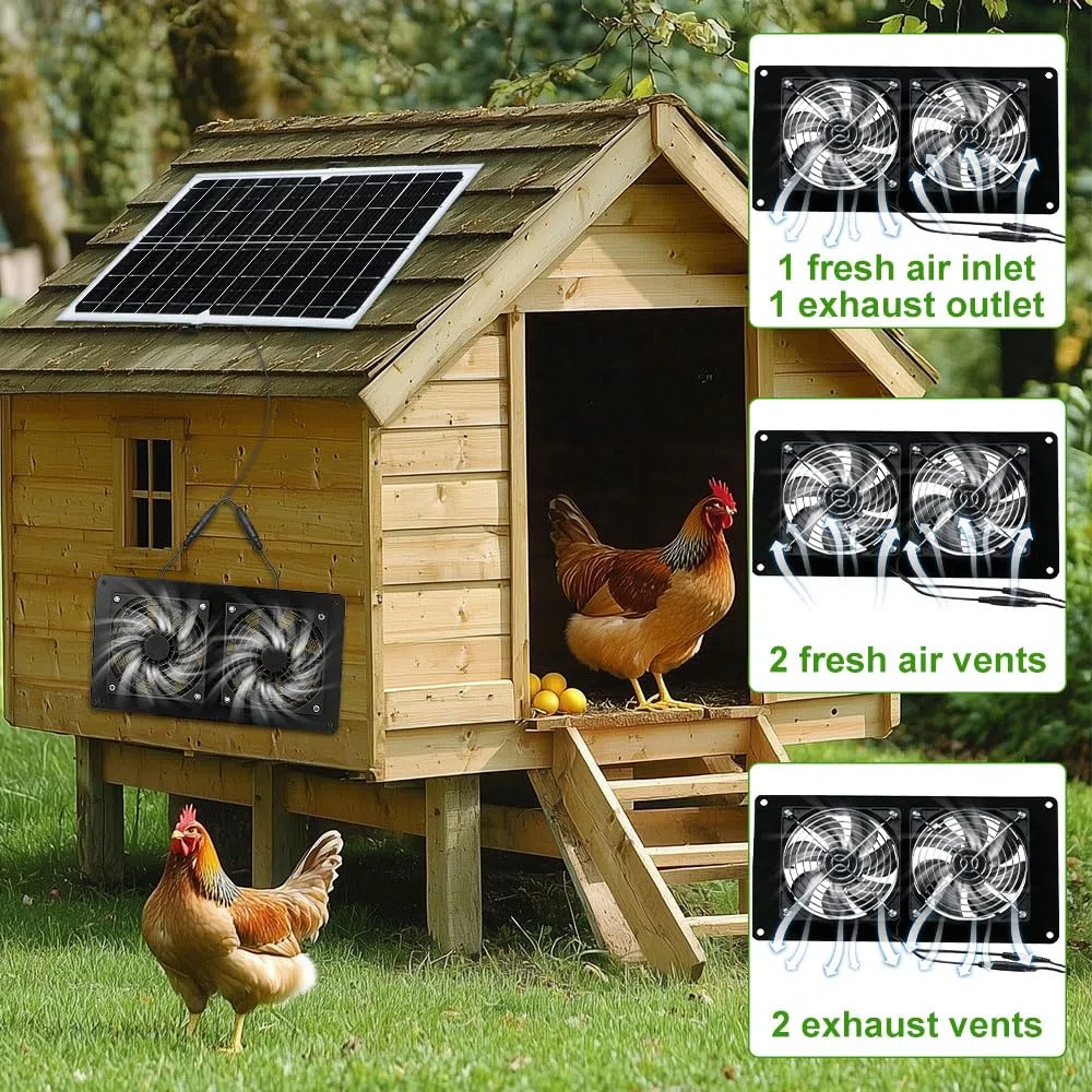 Ventilatore solare da 16 W, con due pannelli solari IP67, impermeabile, doppia ventola DC per pollaio, serre, capanni, cucce per animali domestici, aria di ingresso o scarico (metallo)