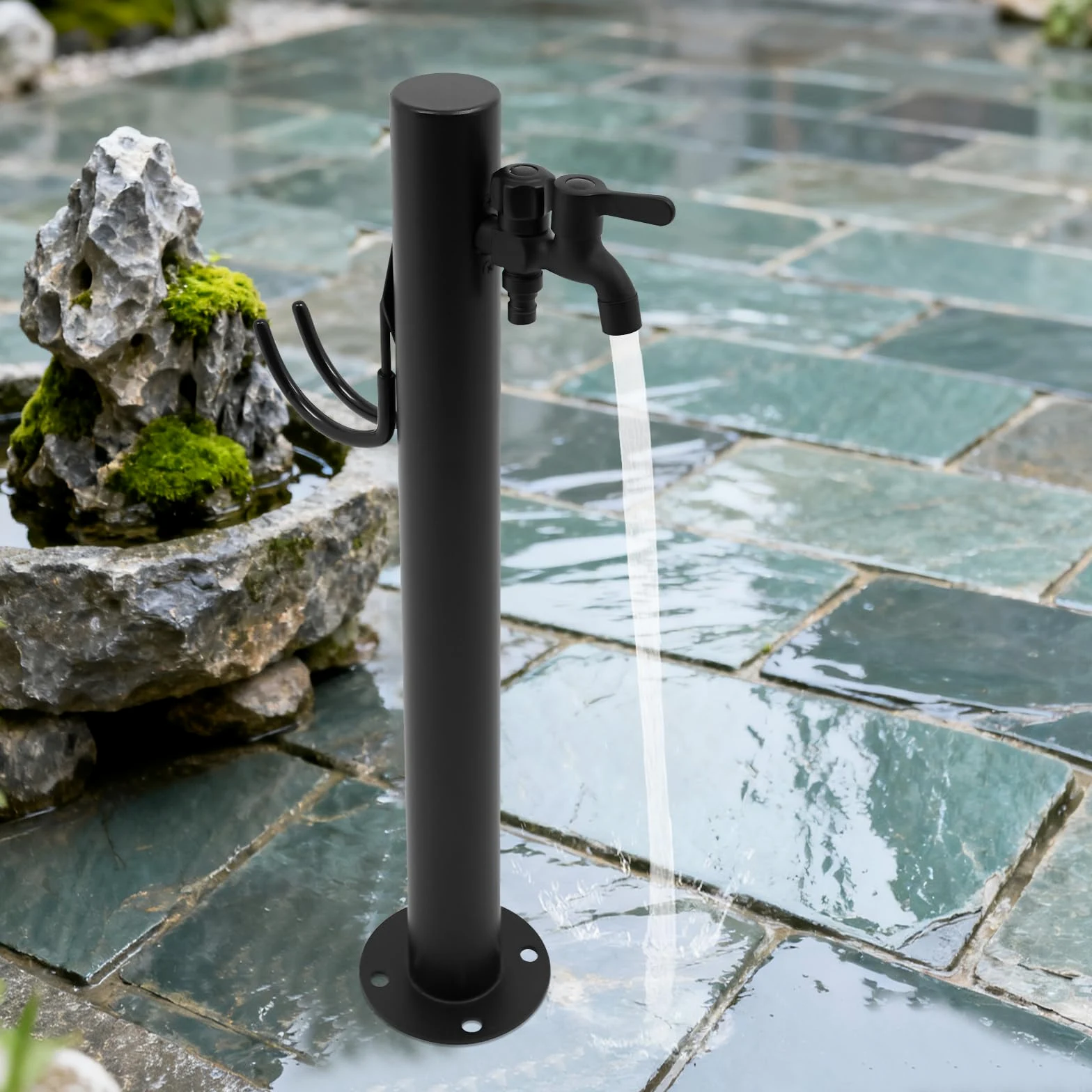 Colonna d'acqua in acciaio inox 60 cm, rubinetto esterno antigelo, robusto rubinetto montato a pavimento, per giardino, campeggio e fontane (rotondo)
