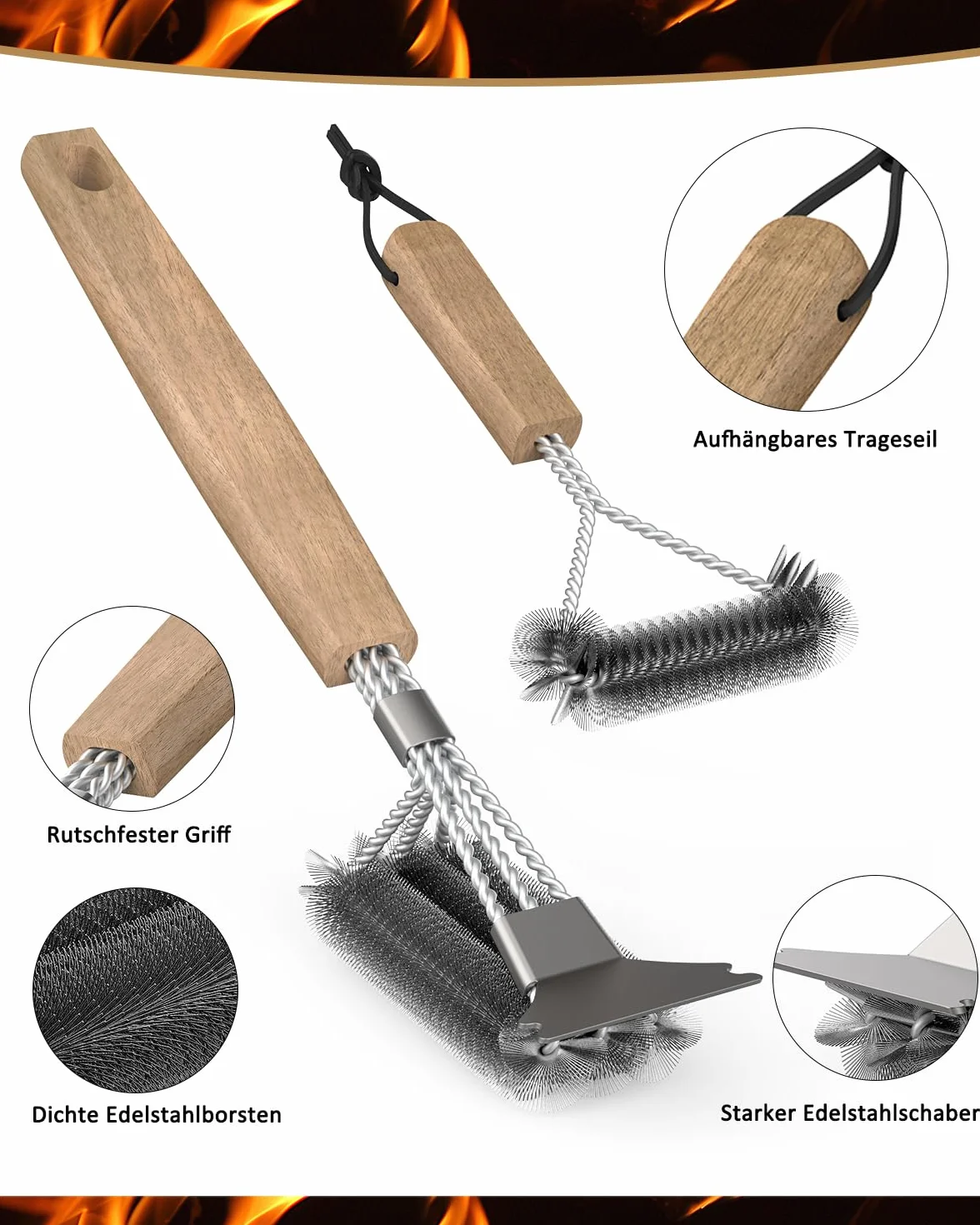 HAZENS - Spazzola per la pulizia del barbecue (2 pezzi), con manico in legno, spazzola per barbecue da 39 cm, con raschietto in acciaio inox, setole fitte in acciaio inox, triangolare, spazzola