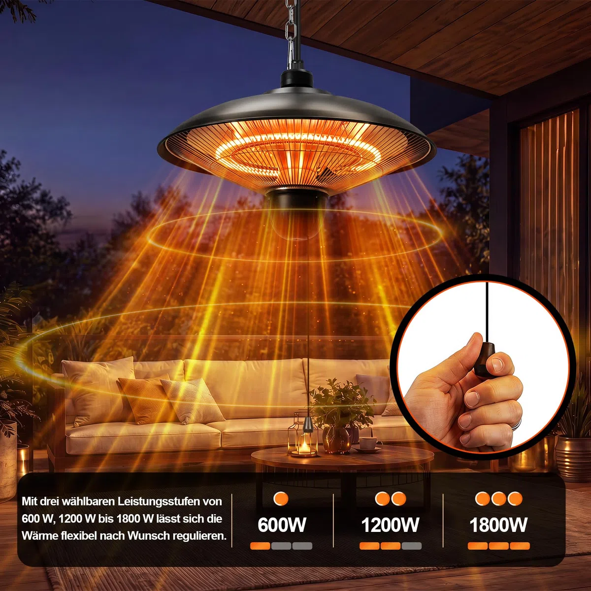 Stufa da esterni da 1800 W, sospesa, nero, 1 pezzo | Stufa elettrica sospesa con 3 livelli di calore, ideale per terrazze, balconi e ambienti esterni coperti