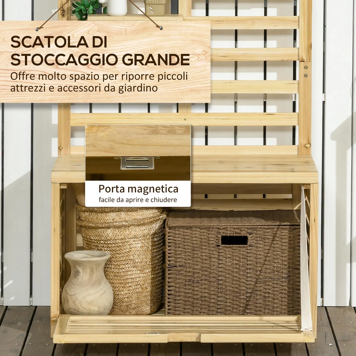 Outsunny Cassapanca da Giardino in Legno di Abete con Traliccio Integrato e 4 Ripiani, Cassapanca Contenitore da Esterno Impermeabile con Chiusura Magnetica, 80x45x160 cm, Colore Legno