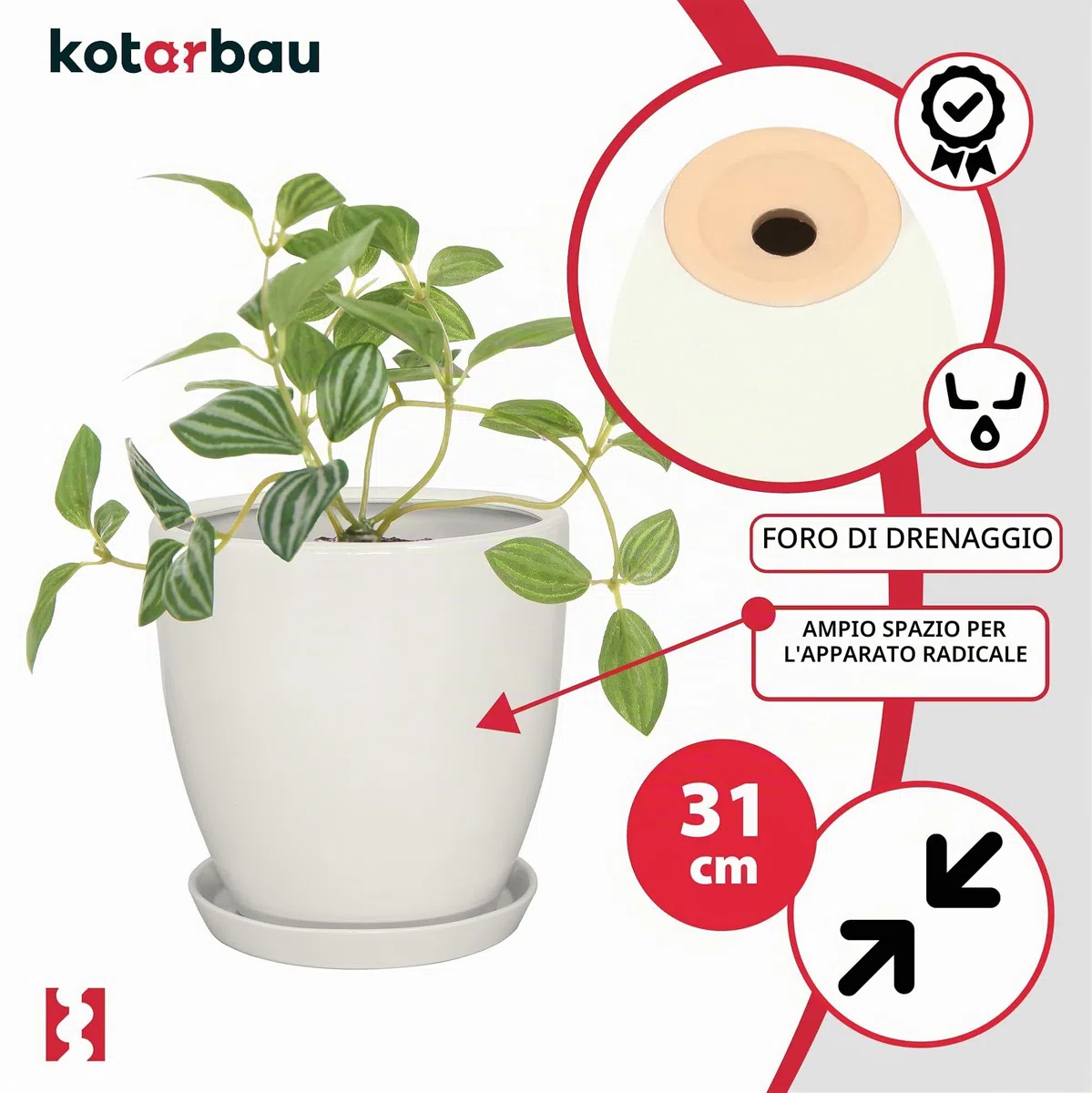 KOTARBAU Vaso da fiori con piattino in ceramica smaltata, diametro 31 cm, altezza 30 cm, grande vaso per cactus