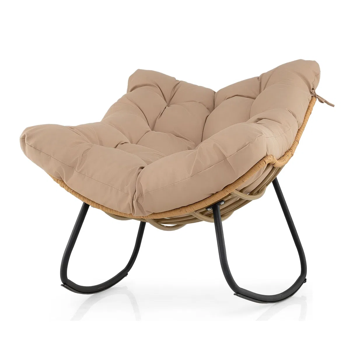 SOARS Sedia a Dondolo da Esterno, Poltrona a Dondolo da Interno con Cucscino Morbido, Struttura in Metallo e Rattan PE, per Terrazza, Bordo Piscina, Balcone, Soggiorno, 116 X 88 X 92 CM (Beige)