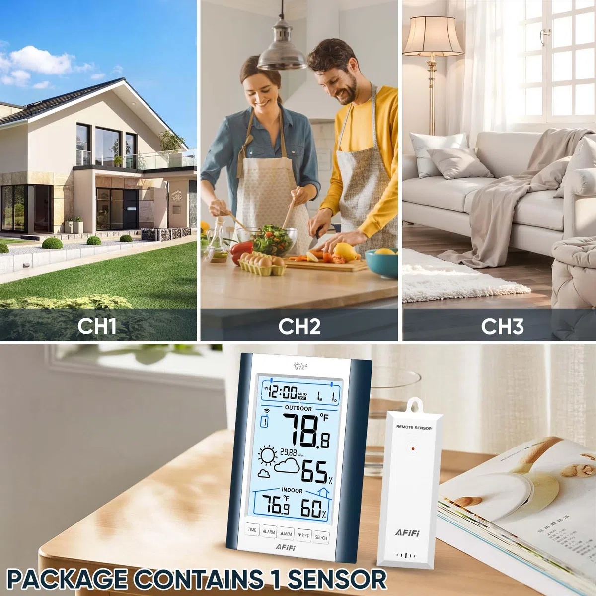 Termometro e igrometro wireless per interni ed esterni, termometri igrometro monitor con sensore remoto da 100,6 m, alimentato a batteria, display retroilluminato, per casa, patio