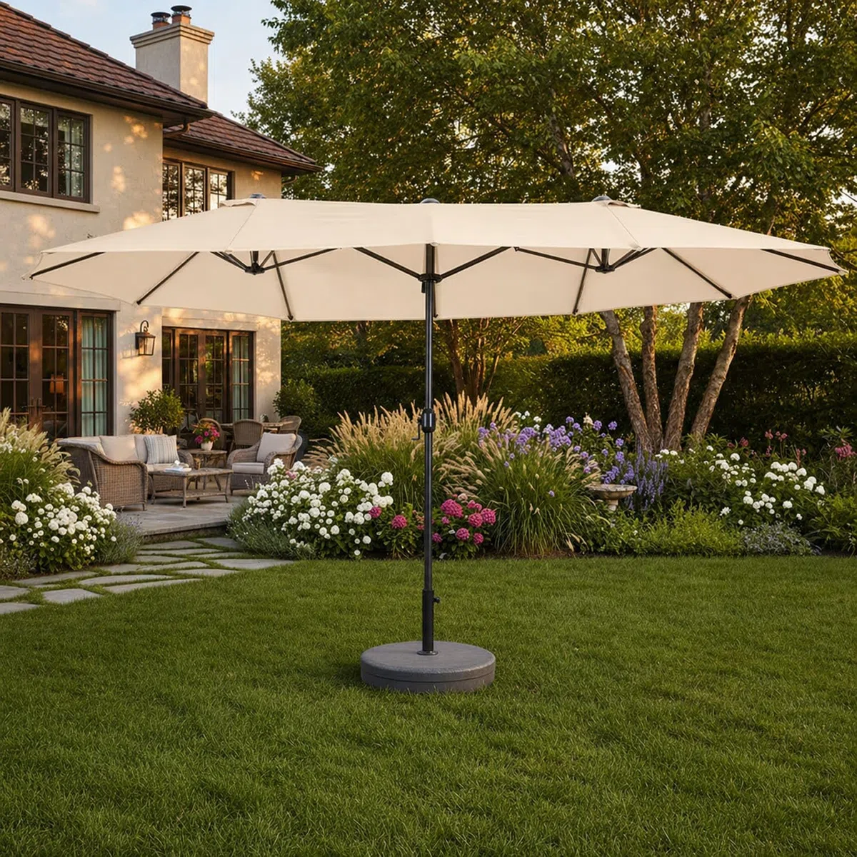 Ombrellone Doppio Da Giardino Parasole 4.6 x 2.4 M Per Esterno Piscina Terrazzo Con Palo In Acciaio E Tessuto In Poliestere Impermeabilie Anti UV Apertura A Manovella Colore Beige