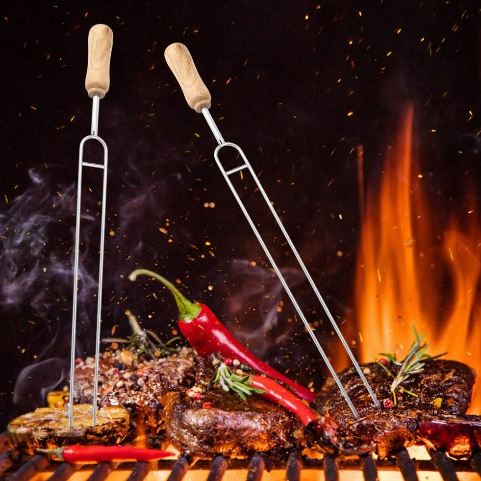6pcs Fork lungo barbecue, acciaio inox doppio spiedino per barbecue, manico in legno riutilizzabile Spiedi barbecue bastoncini all'aperto per casa 40 cm