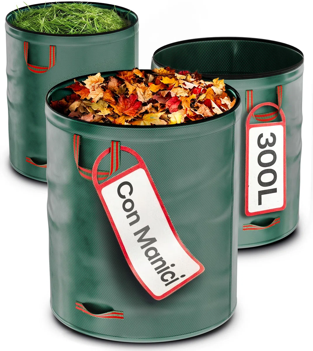 Praknu 3 Sacchi Giardinaggio 300 Litri - 4 Maniglie Resistenti - Stabile - Pieghevole - Riutilizzabile - Polipropilene Robusto