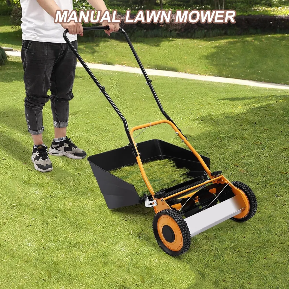 Rasaerba Manuale a Spinta da 40 cm, rasaerba Manuale, tagliaerba a Ruote 2 in 1 con Sacco di Raccolta e Altezza di Taglio Regolabile, Ideale per Piccoli Giardini
