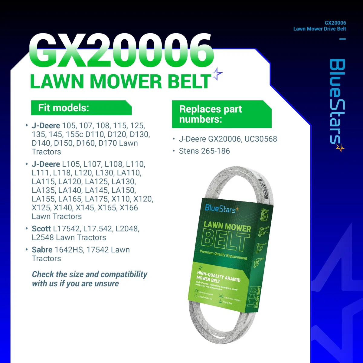BlueStars Cinghia di trasmissione per tosaerba GX20006 UC30568, per John Deere 105 115 125 135 145 D110 D120 D125 D130 D140 D150 D155 D160 D170 L105 L105 07 L1 Tosaerba 08 L110 L111 L118 L120 L130 |