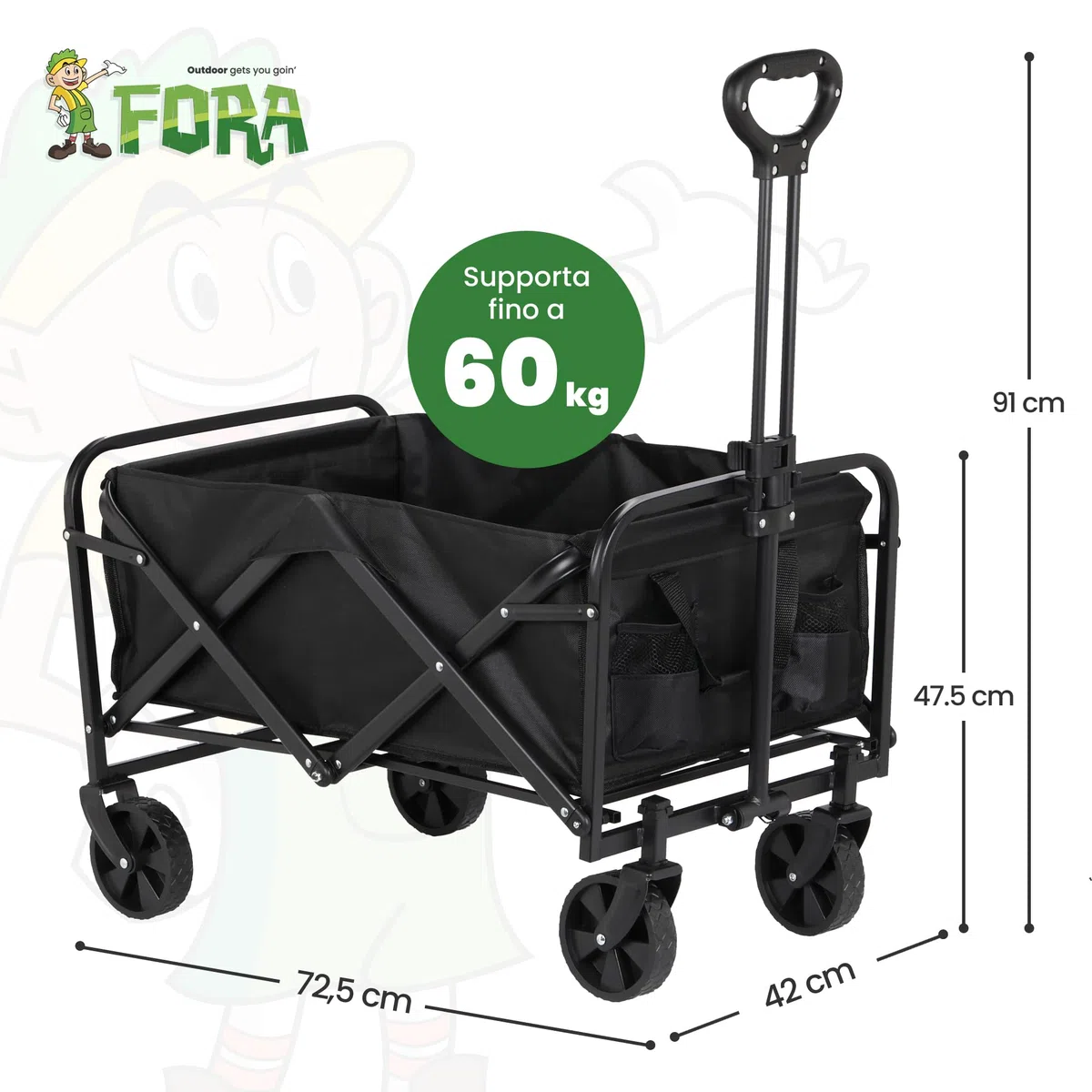 Fora Carrello da trasporto pieghevole con ruote grandi - Carrello multiuso per spiaggia, campeggio, giardino e shopping | struttura robusta, maniglia estensibile regolabile, tessuto impermeabile