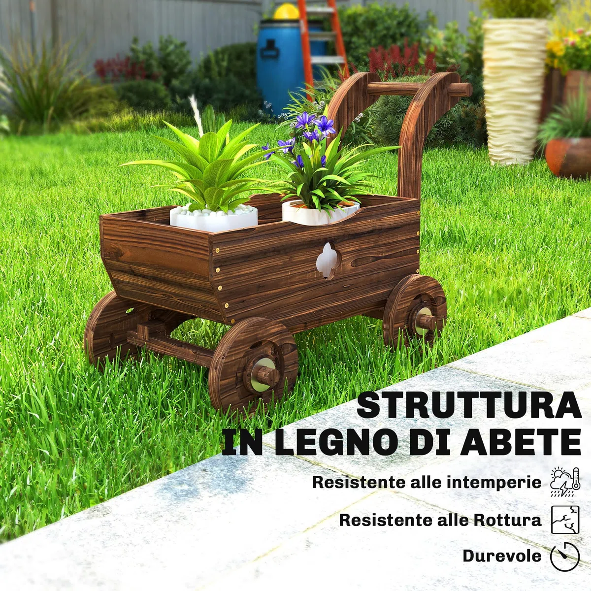 Outsunny Letto per Orto Rialzato da Esterno a Forma di Carretto con 4 Ruote e Maniglia, Fioriera in Legno di Abete con Fori di Drenaggio, per Balcone Patio, 68x38x52 cm, Carbonizzato